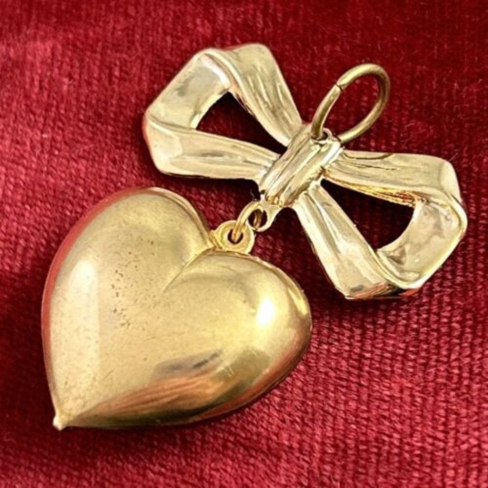 Heart Bow Necklace Pendant Gold Tone Metal Vintage Brass Metal Puffy Charm